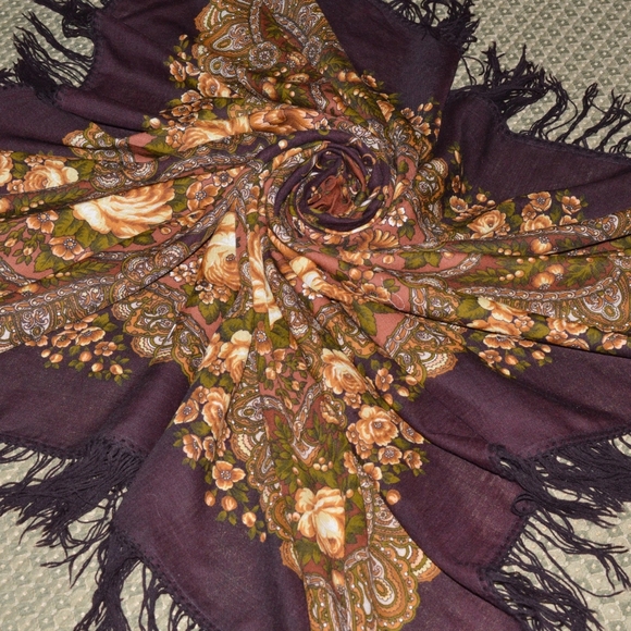 Shawl Large Wool Russian Style Pavlovo Posad Flowers - Picture 7 of 8
